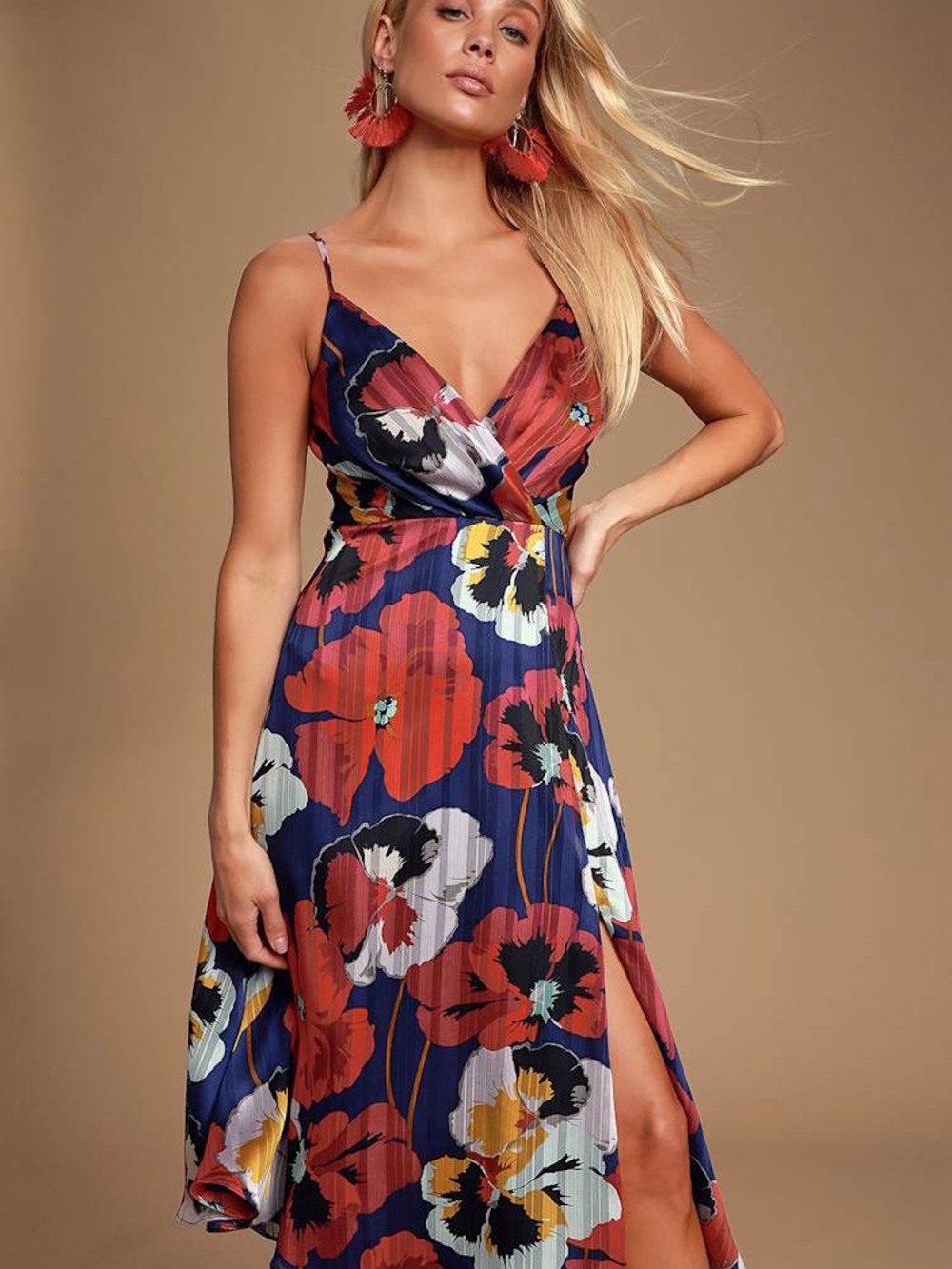 Lulu's Navy and Red Floral Midi Wrap Dress